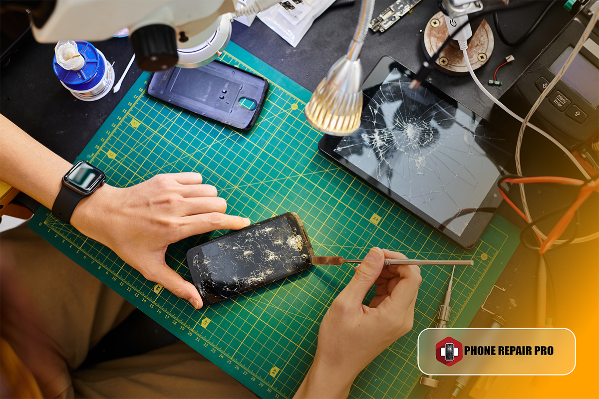 Nahaufnahme eines geöffneten Smartphones während einer Displayreparatur.